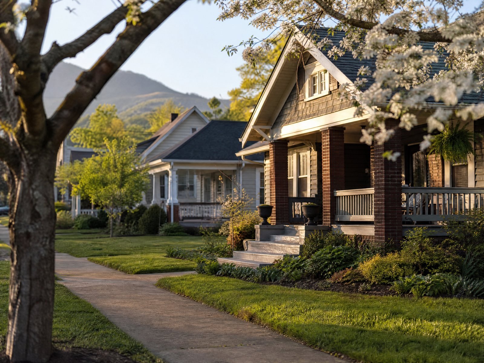Tree lined Knoxville residential street with neighborhood homes at golden hour
